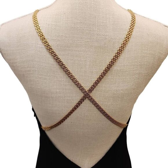 Maggy London Black Slip Dress Open Back with Cross Over Gold Chain/Rhinestone Wo - Picture 3 of 10